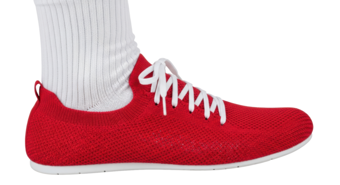 Isolated Red Knit Shoe with White Laces and Sock