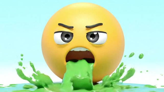  A 3D emoji with a furious expression vomits a stream of green slime. A funny, exaggerated icon representing disgust, sickness, anger,