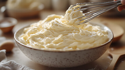 Creamy whipped butter in a bowl being mixed with a whisk on a kitchen counter