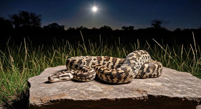 Carpet Python Curled on Warm Rock, Moonlit Bushland at Night