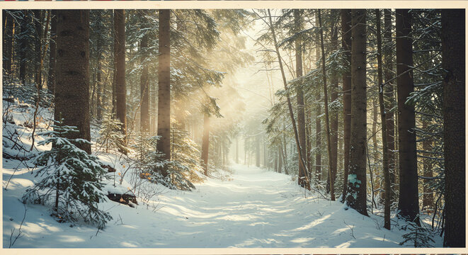 Winter forest path snow sunlight - Powered by Adobe