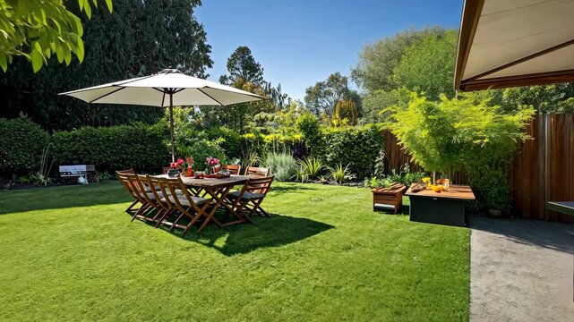 A secluded garden area with a barbecue grill and sunshade for a summer gathering