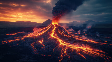 a volcano exploding with intense red and yellow lava bursts under a cloudy sky, showing the raw beauty and danger of nature