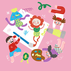 Cartoon hand-drawn vector illustrations of cute children's characters