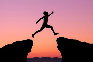 Silhouette of a Man Leaping Between Cliffs at Sunset, Symbolizing Courage, Determination, and Overcoming Life’s Challenges