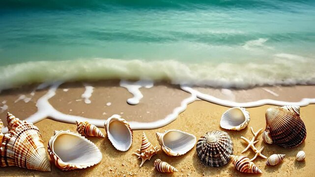A collection of seashells scattered on a sandy beach with gentle waves in the background