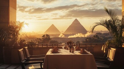 view of the great pyramids of Giza. Cairo. Egypt. Romantic dinner on the roof with a beautiful view.