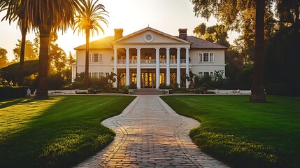 Obraz premium Elegant Mansion with Palm Trees and Stone Path at Sunset