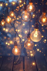 Warm glowing string lights with vintage bulbs and festive bokeh on wooden background

