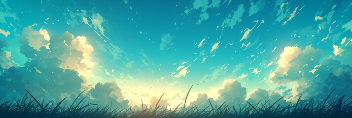 Scenic sunrise over grassy field with dramatic clouds and bright sky

