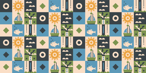 Nautical ocean-themed tile design with boats, fish, and sun.