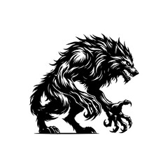 Fototapeta premium Powerful werewolf vector emblem featuring terrifying silhouette with bared fangs and raised claws in dynamic combat pose