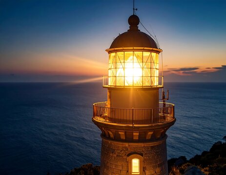 Lighthouse at sunset over calm water - Powered by Adobe