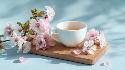 Morning Tea with Spring Flowers on Smooth Oak Tray with Transparent Background

