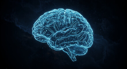 Obraz premium Glowing Digital Brain Representing Artificial Intelligence and Machine Learning. A digitally rendered brain split into symmetrical halves, one glowing orange and the other blue.