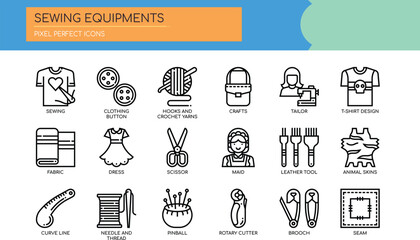 Sewing Equipment Icons Pixel-Perfect Line Art for Crafts, Fashion Design, and DIY Projects