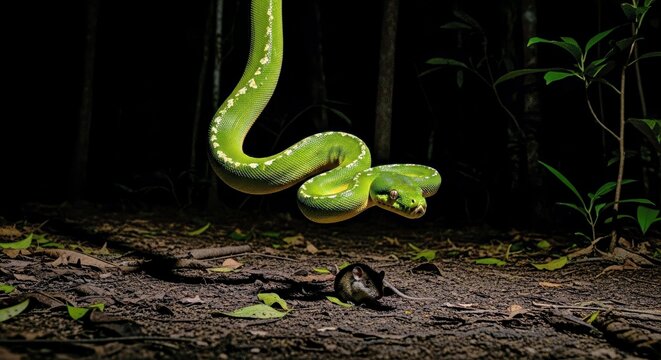 Green Tree Python Hunting at Night, S-Shape Above Forest