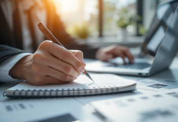 Business Professional Writing Notes Next to Laptop Computer on Table