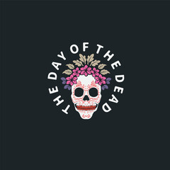 Colorful Sugar Skull with Flowers Logo – Day of the Dead Mexican Skull Illustration for Holiday Design Vector