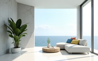 Naklejka premium Indoor plant on white floor with empty concrete wall background, Lounge and coffee table near glass window in sea view living room of modern luxury beach house or hotel - Home interior 3d illustration
