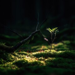 Sunlight illuminates a tiny sprout amidst moss-covered forest floor