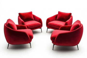 Four red velvet armchairs with pillows on white background
