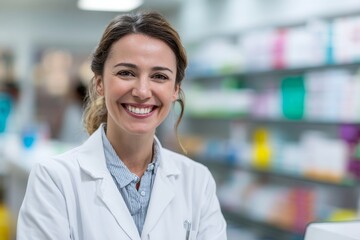 Smiling female natural shot caucasian pharmacist in white coat at pharmacy
