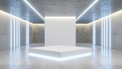 Fototapeta premium Exhibition space with rough stone textured walls and lighting for lighting with square pedestals.