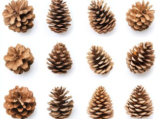 Twelve pine cones isolated on white background