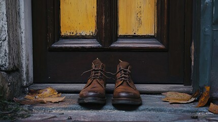 laces untied, shoes at doorstep.
