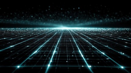 Futuristic 4D grid visualization with glowing cyan lines stretching into a vanishing point on a dark space background with sparkling particles,
