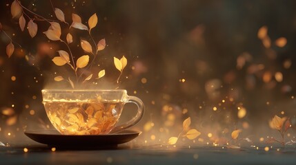 Creative beverage concept showcasing magical tea presentation with luminous leaf elements and rich cozy tones for lifestyle design

