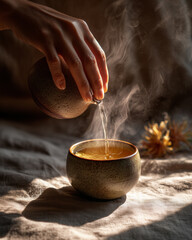 close-up of female hands pouring herbal tea into ceramic cup