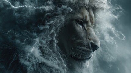 Fantasy portrait of a majestic lion-headed hybrid creature surrounded by swirling storm clouds and lightning in dark dramatic tones,
