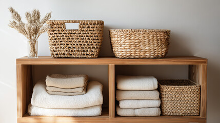 organized wooden shelf with woven baskets and folded linen towels