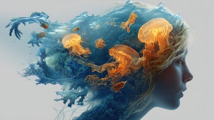 Surreal conceptual artwork featuring human transformation into ocean life, combining aquatic textures, light effects, and dreamlike atmosphere

