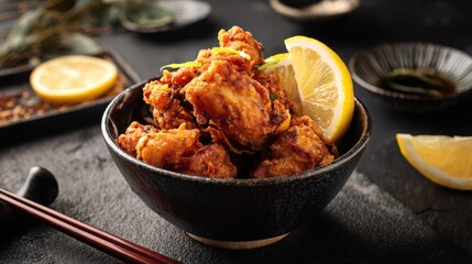 Delicious Crispy Karaage Chicken Bowl with Lemon Garnish a Japanese Food Dish