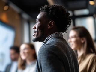 Fototapeta premium Diverse Business Team in Office Meeting Around Table Engaging in Strategic Discussion, Corporate Success Concept with Modern Workplace Collaboration and Technology Integration