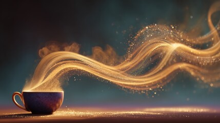 Fantasy scene of a steaming cup of tea with golden swirling waves of vapor extending into space, creating a dreamy elegant atmosphere,
