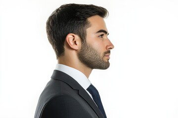 Profile portrait of a man in a suit on white background