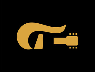 Gold guitar illustration with abstract T logo