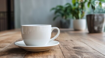 Obraz premium Chic White Ceramic Coffee Cup on Wooden Table, Embracing Modern Minimalist Aesthetics with Natural Lighting and a Pristine Background