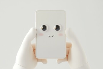 Hands in white gloves holding a white rectangular object with googly eyes and a smile on a white background