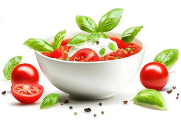 Bowl of gazpacho with basil and tomatoes on white background