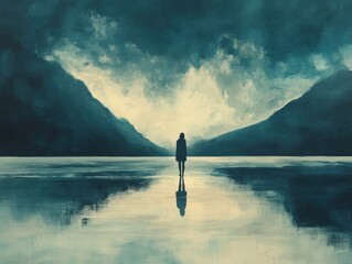 Silhouette of a person standing on water with mountain backdrop