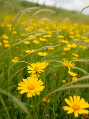 Luxury yellow buttercups rushing of wind among meadow