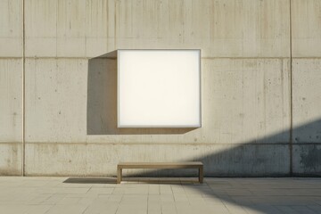 Square lightbox on concrete wall with bench