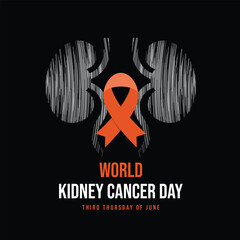 World kidney cancer day orange ribbon sign on abstract line twin kidney on black background vector design