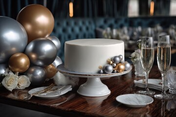 Celebration Cake on Table: A beautifully decorated cake sits on a white stand amidst festive balloons and champagne glasses, creating a sense of occasion and elegance.