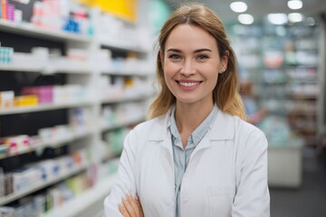 Smiling female natural shot caucasian pharmacist in white coat at pharmacy